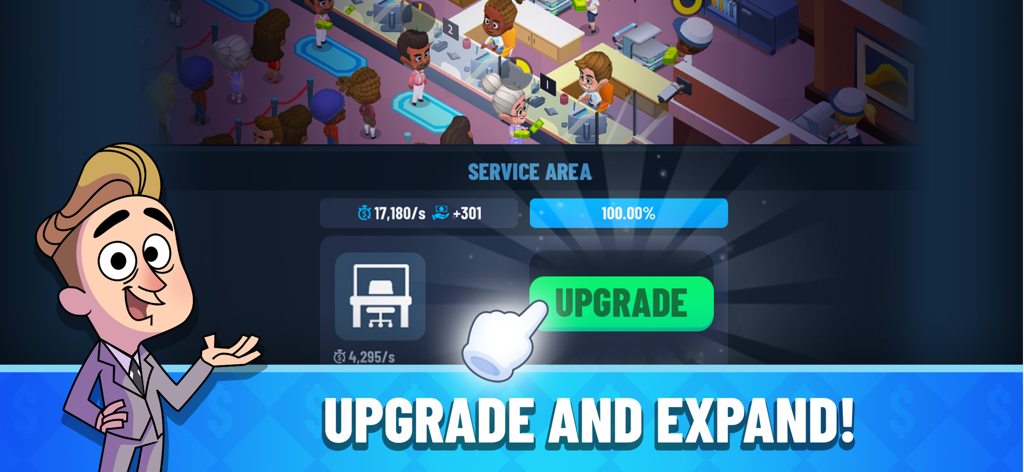 A gameplay screenshot of Idle Bank Tycoon showing the service area upgrade button and expansion feature