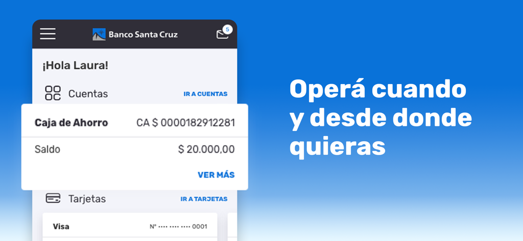 APP Banco Santa Cruz - Interfaz de la aplicación móvil de Banco Santa Cruz que muestra el saldo de la cuenta y la gestión de tarjetas