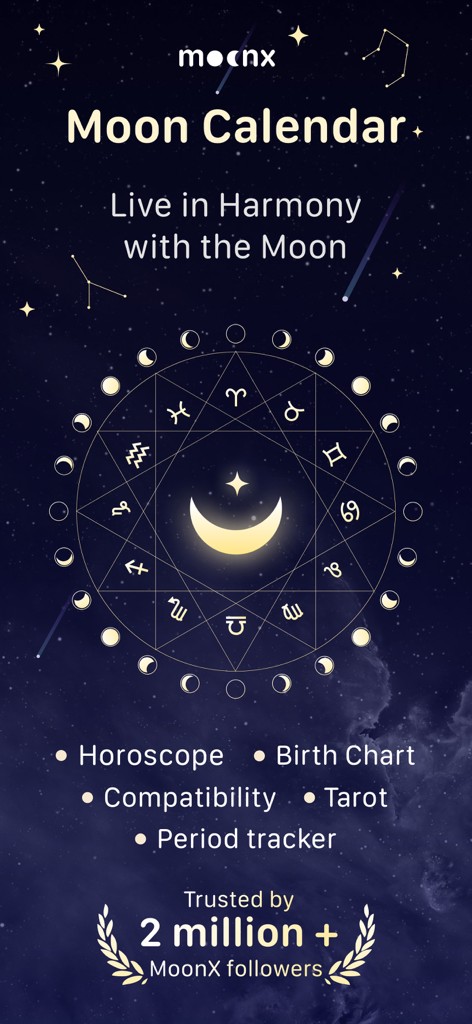 Moon Calendar — MoonX - MoonXの月の暦アプリのインターフェース、月の満ち欠けと星座のシンボルが表示されています