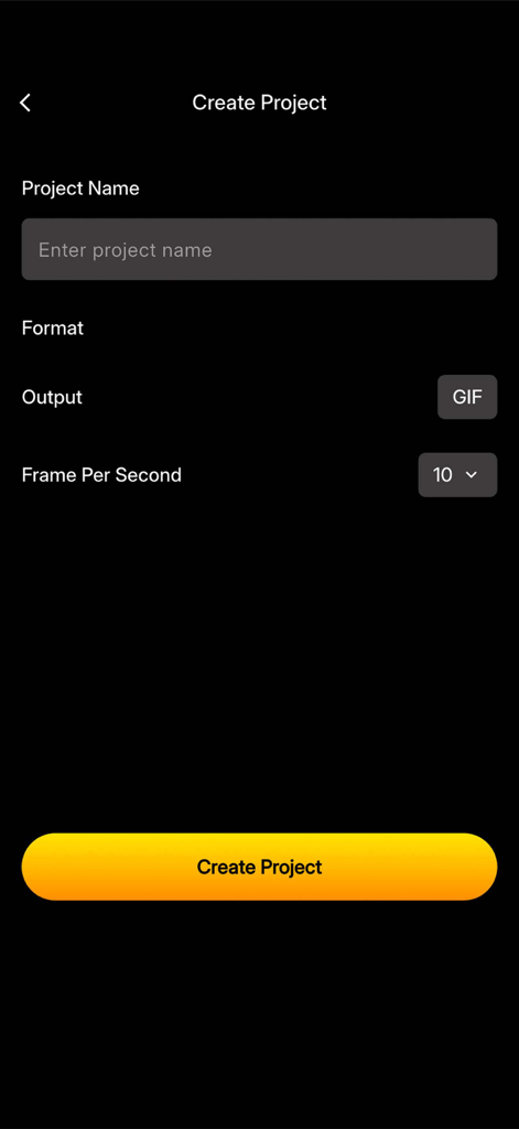 Flip Draw 2D Animation Creator - Create project screen in the Flip Draw app showing project name input and frame rate settings
