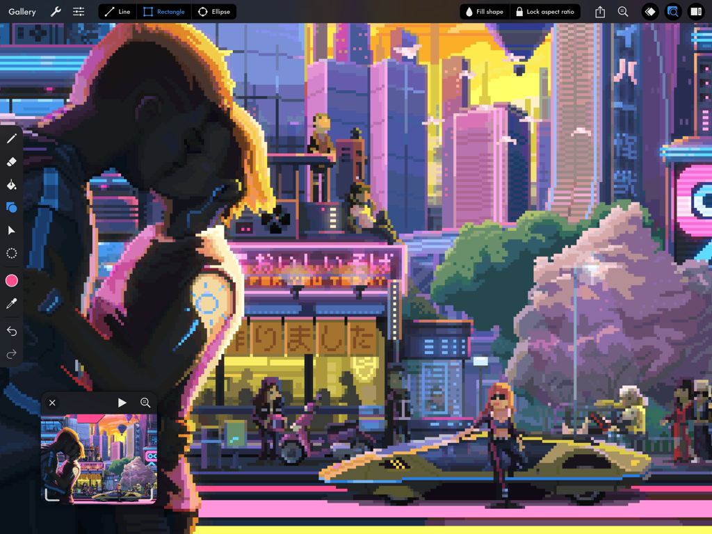 Detailed cyberpunk city pixel art illustration inside the Pixaki 4 Pro iPad interface