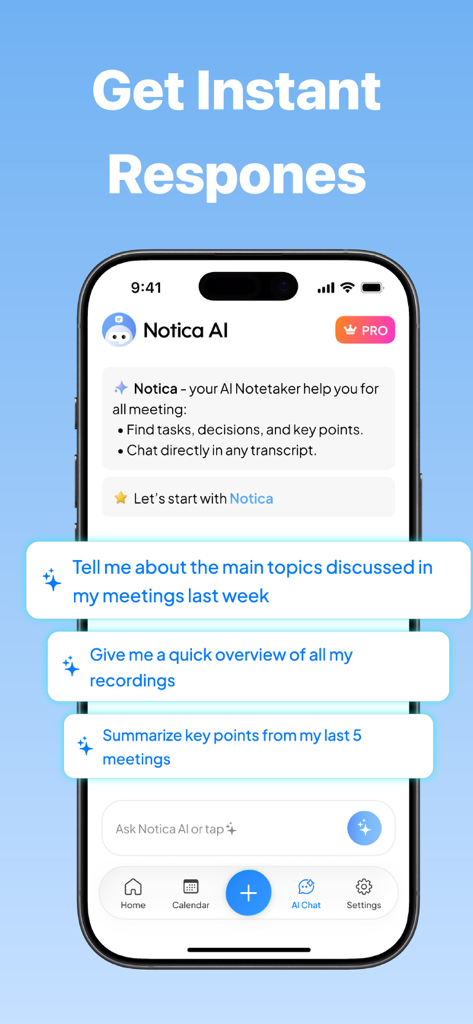 Notica - AI Meeting Notes - Interface de l'application mobile IA Notica montrant l'assistant de chat IA avec des invites suggérées pour résumer et rechercher dans les notes de réunion passées