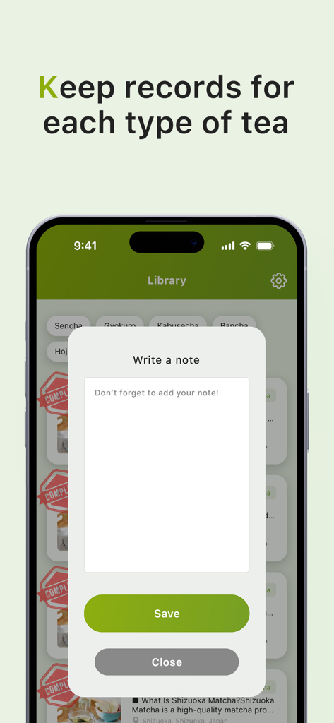 A mobile screen from the SENCHA app showing a popup to write and save personal tasting notes for different types of Japanese tea.