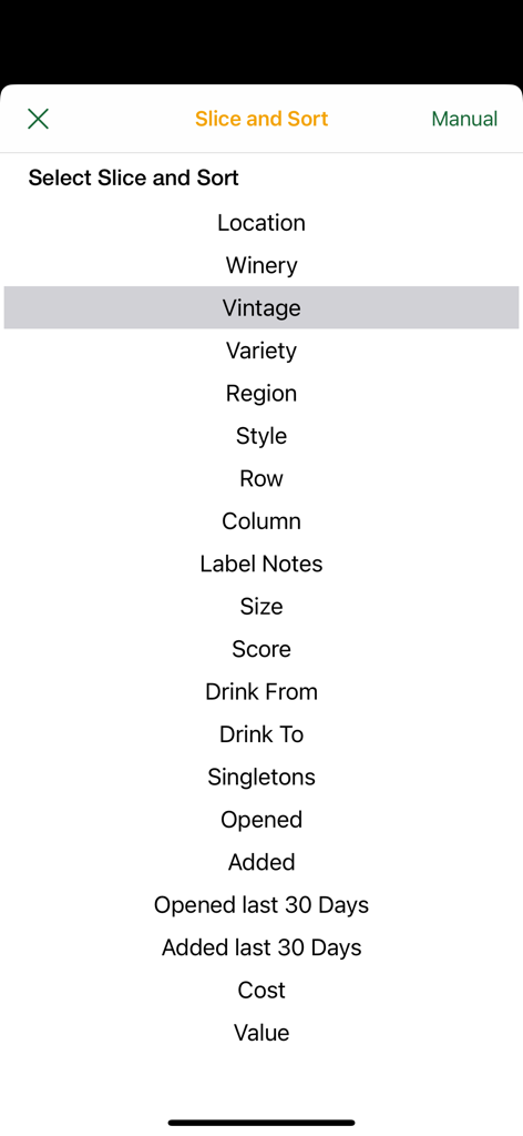 Interface of the Personal Wine Cellar app showing the slice and sort menu with options like vintage winery and region