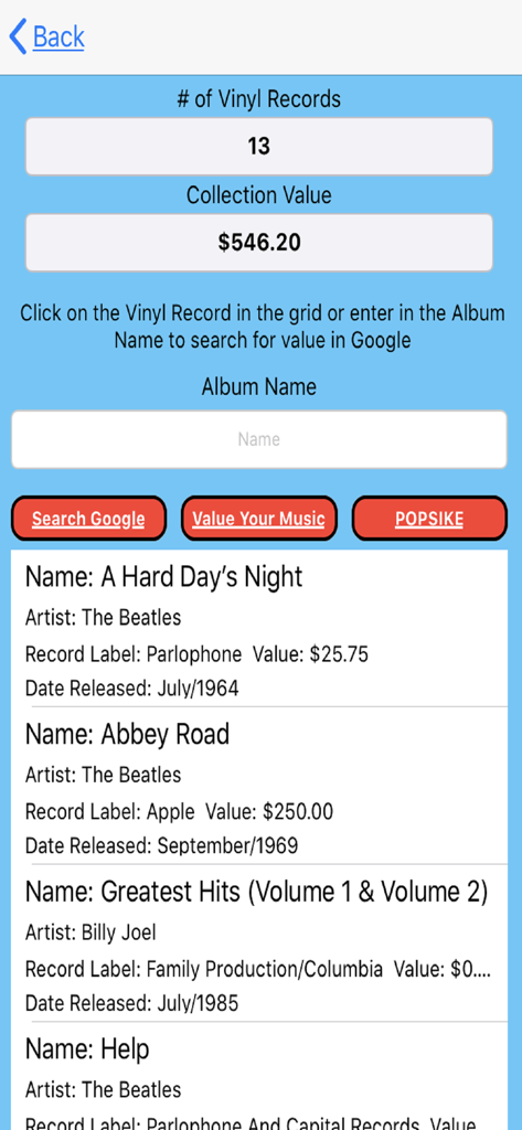 Una pantalla de aplicación móvil que muestra un resumen de la colección de vinilos, incluyendo el recuento total de discos, el valor de la colección y una lista de álbumes.