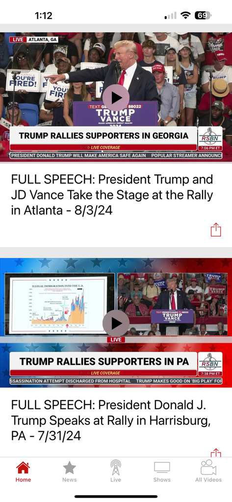RSBN - RSBN app home screen showing live videos of political rallies and full speeches
