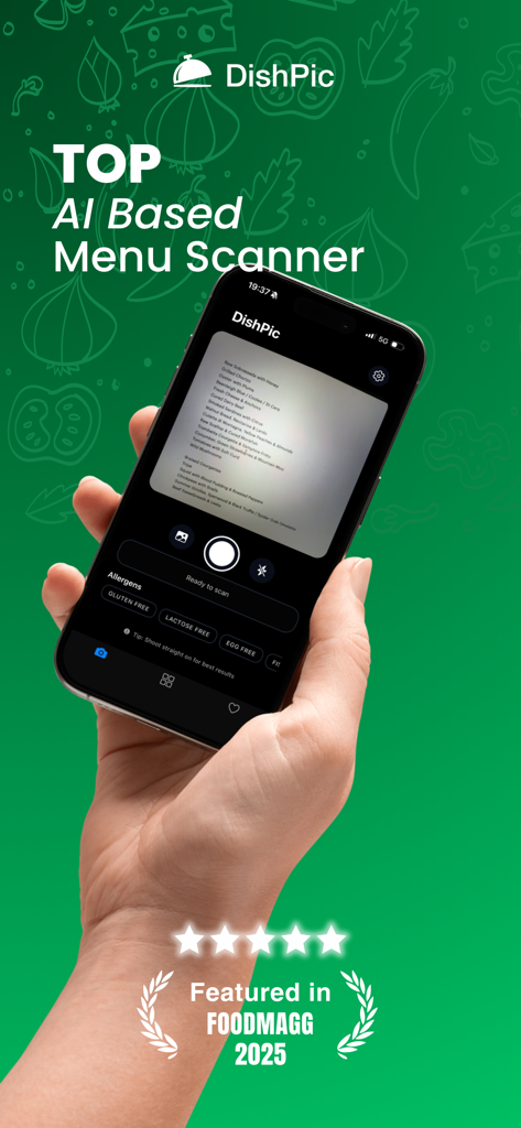 DishPic: Menu Scanner & Macros - Smartphone screen showing the DishPic AI menu scanner app scanning a restaurant menu