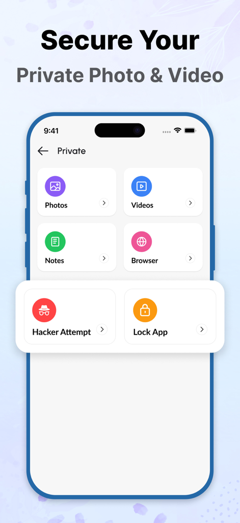 Gallery - Hide Photo Vault - Interfaz de la bóveda privada que muestra carpetas de fotos, videos, notas y un navegador seguro.
