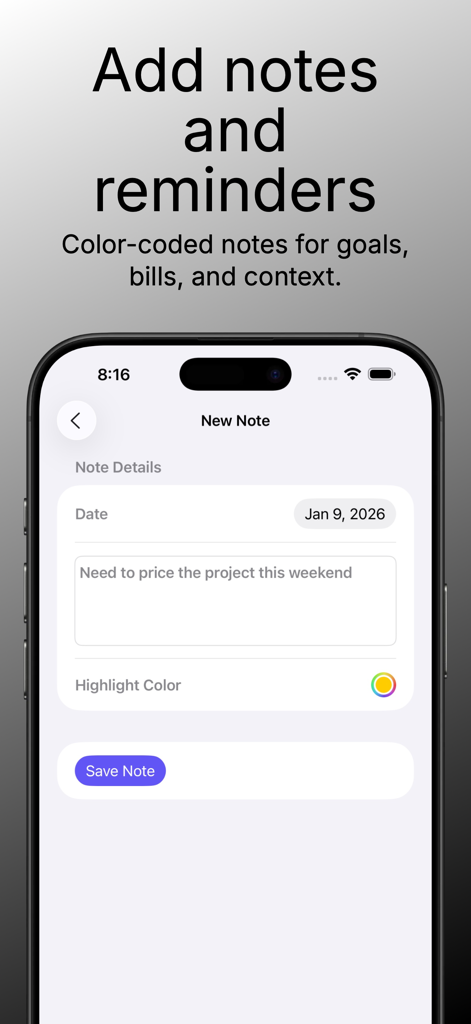 Budgetary - Budget Planner - Interfaz de la aplicación Budgetary que muestra cómo agregar notas y recordatorios codificados por colores a tu presupuesto.
