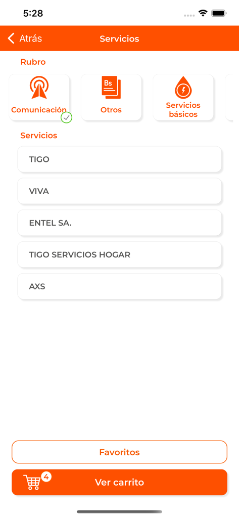 econet - Interface da aplicação econet mostrando o ecrã de pagamento de serviços de comunicação com uma lista de fornecedores como Tigo e Viva