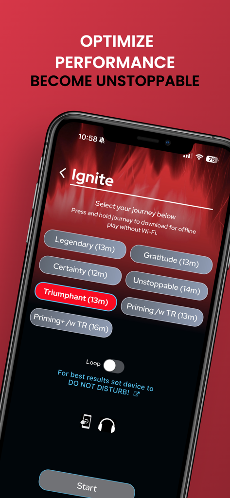 NuCalm:Sleep, Recover, Perform - NuCalm app Ignite session selection screen for performance optimization and energy