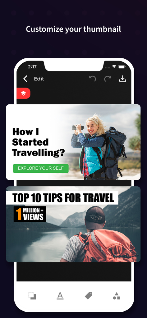 YT Thumbnail Maker - Mobile Oberfläche des YT Thumbnail Maker mit Bearbeitungsoptionen für Reisevideo-Thumbnails