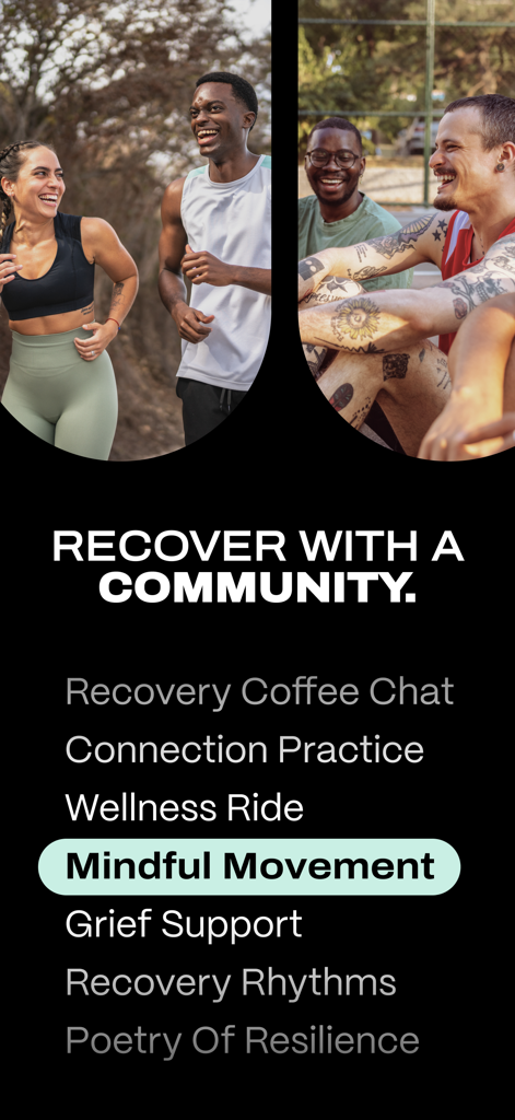 Active people laughing together in a supportive recovery community