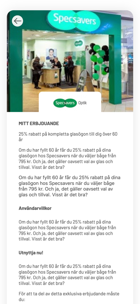 Kupolens Kundklubb - Specsavers-Rabattangebot für Senioren, angezeigt in der Kupolens Kundklubb-App