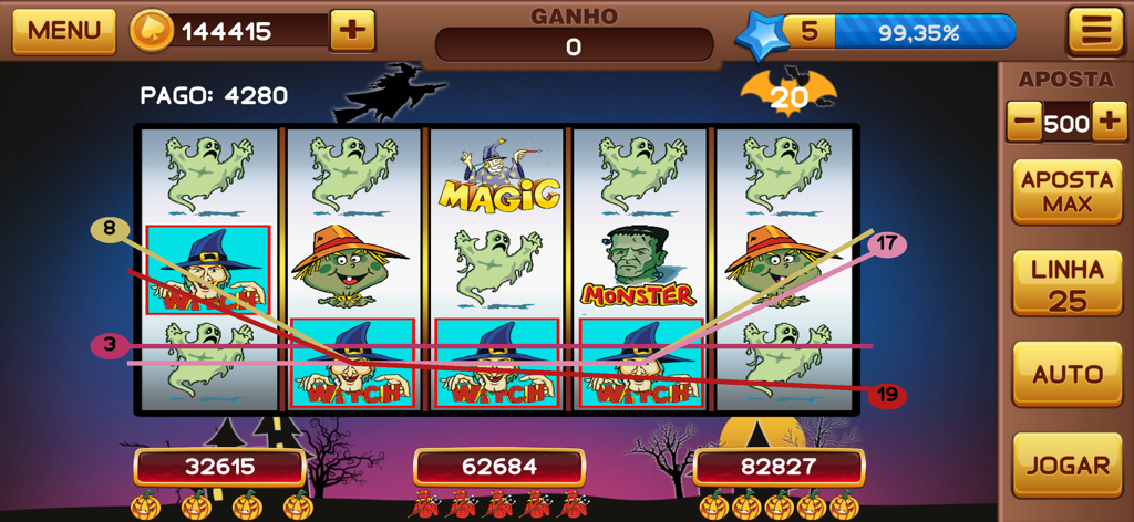 Halloween Caça Níquel - A Halloween-themed slot machine game interface featuring witches, ghosts, and monsters.