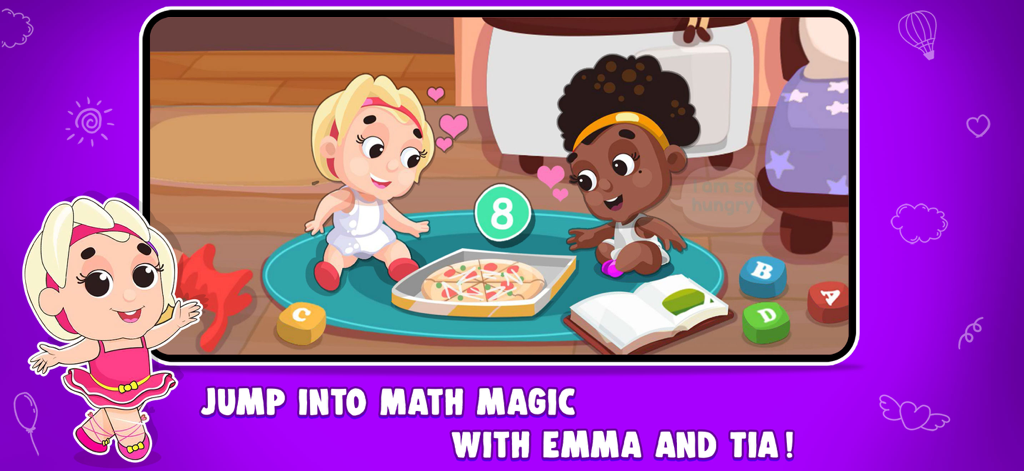 Cartoon characters Emma and Tia teaching number counting with a pizza in a math game