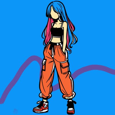 girl in baggy pants crop top and long hair