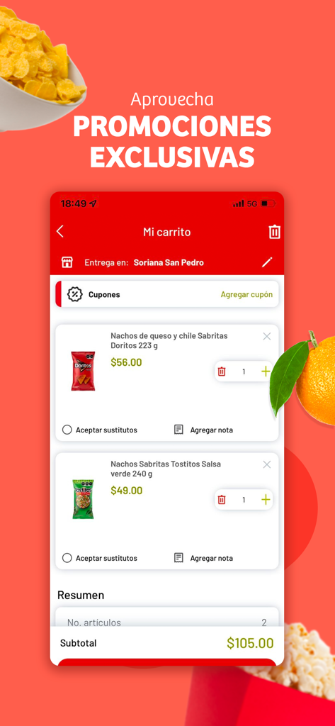 Pantalla del carrito de compras de la app Soriana mostrando artículos de snack y texto de promoción exclusiva