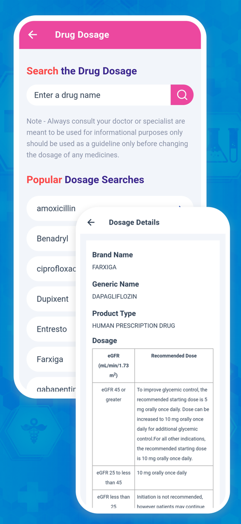 PillBox - Pill Identifier App - PillBox app interface displaying drug dosage search and detailed medication dosage information