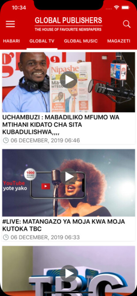 Global Publishers - Aplicación móvil de Global Publishers mostrando un feed de noticias de Tanzania y videos de entretenimiento en suajili