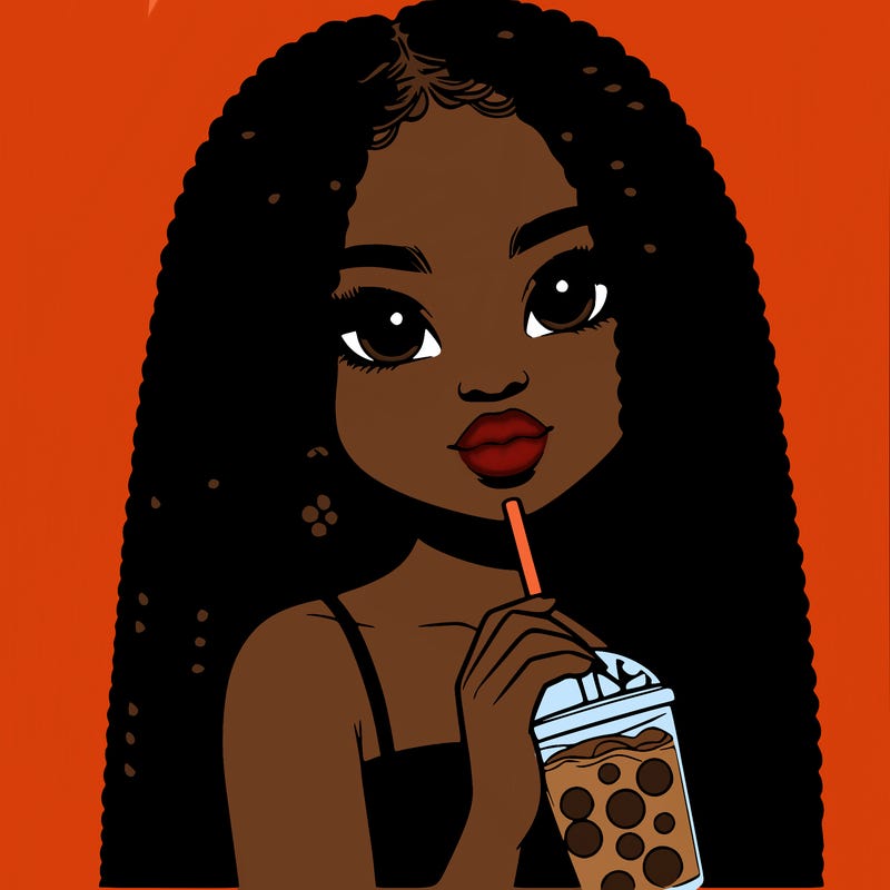 realistic girl holding a boba with braided hair