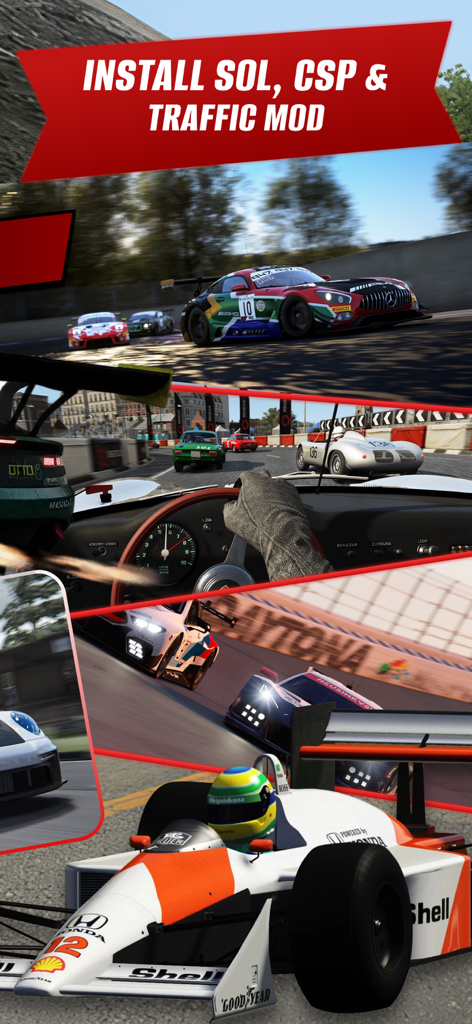 AssoRacing Assetto Corsa Mods - A montage of racing cars and a cockpit view in Assetto Corsa with text about installing mods