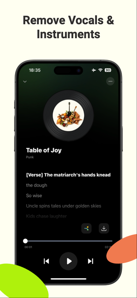Mobile app interface of AI Song Generator showing the vocal and instrument removal feature with a music player and lyrics