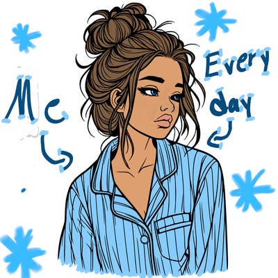 realistic woman with pajamas on and a messy bun