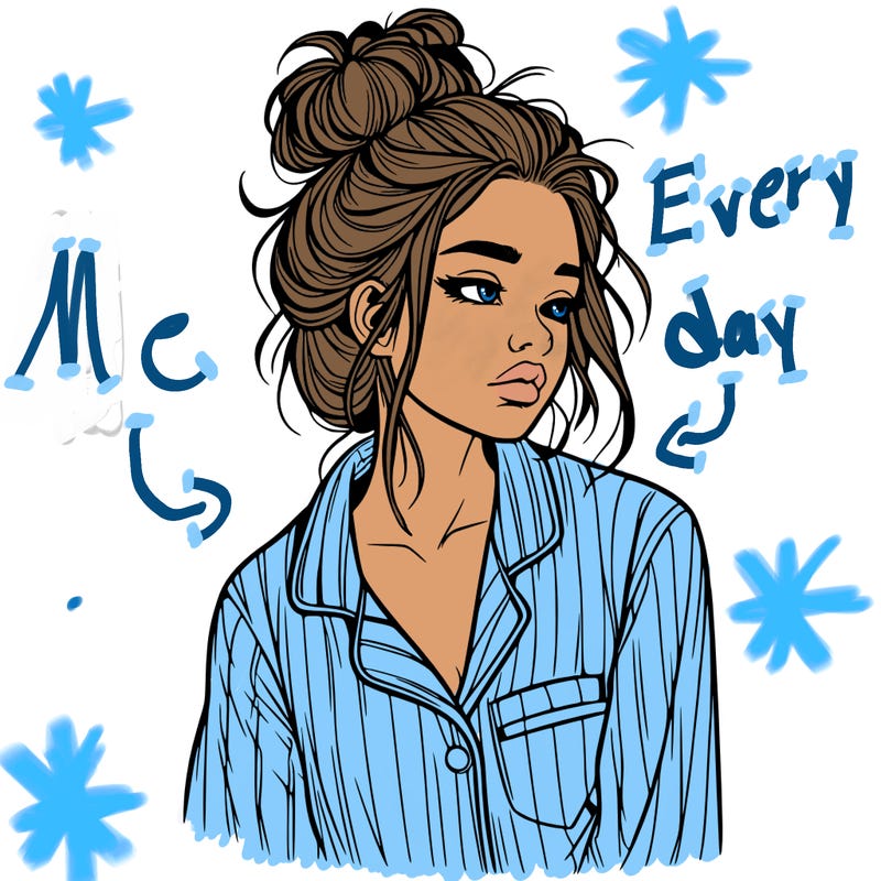 realistic woman with pajamas on and a messy bun