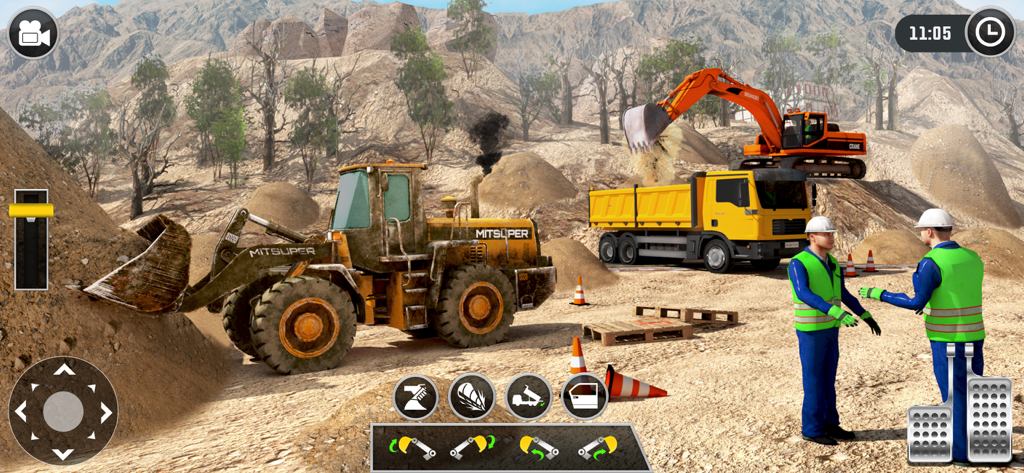 Construction Excavator Games - Gameplay-Screenshot eines 3D-Bausimulators, der einen Bagger zeigt, der einen Muldenkipper belädt, und einen Radlader auf einer Baustelle