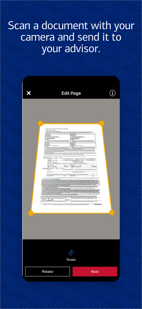 Bank of America Private Bank - Recurso de digitalização de documentos do aplicativo Bank of America Private Bank com interface de câmera móvel