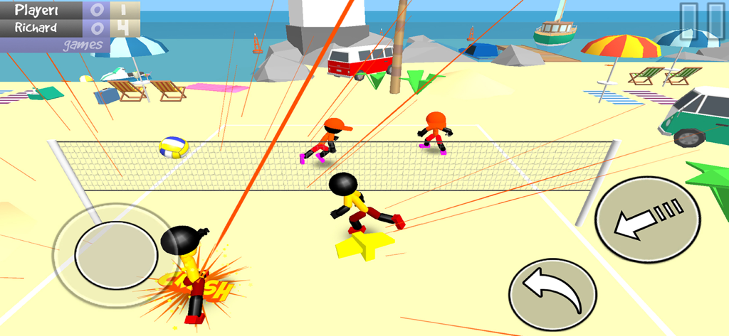 Stickman Beach Volleyball - Stickman characters playing beach volleyball on a sunny 3D beach with intuitive on-screen controls