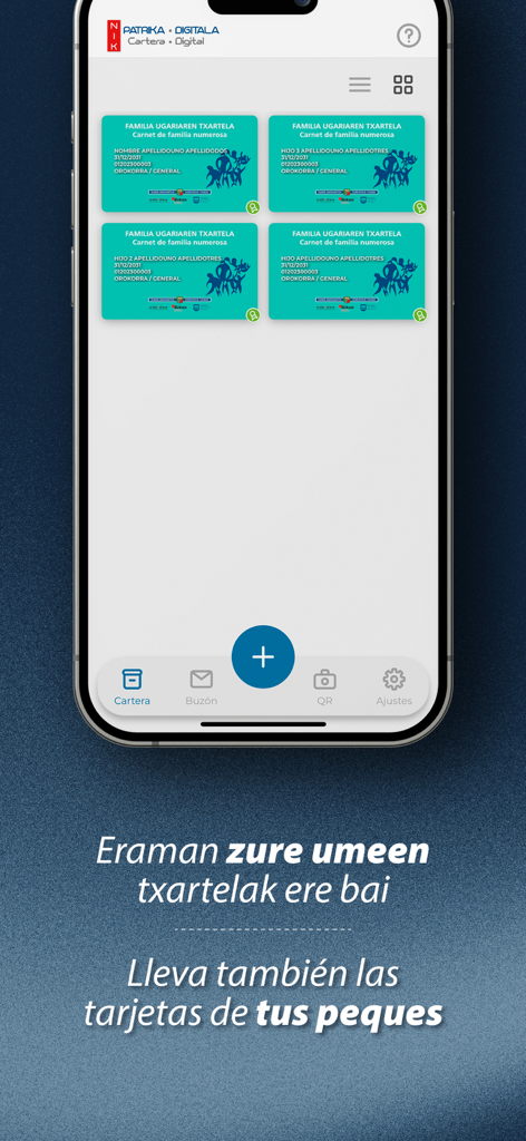 NIK Patrika Digitala - Digitale Brieftaschenoberfläche der NIK Patrika Digitala App, die mehrere Familienausweise auf einem Smartphone anzeigt