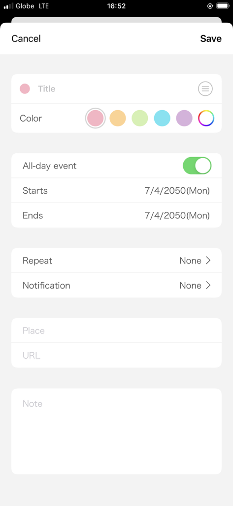 N Calendar event creation screen with color coding options