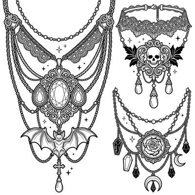Discover an enchanting collection of Gothic-themed necklaces crafted for intricate adult coloring. These elegant designs offer a captivating blend of dark romance and detailed artistry, perfect for a mindful creative escape.