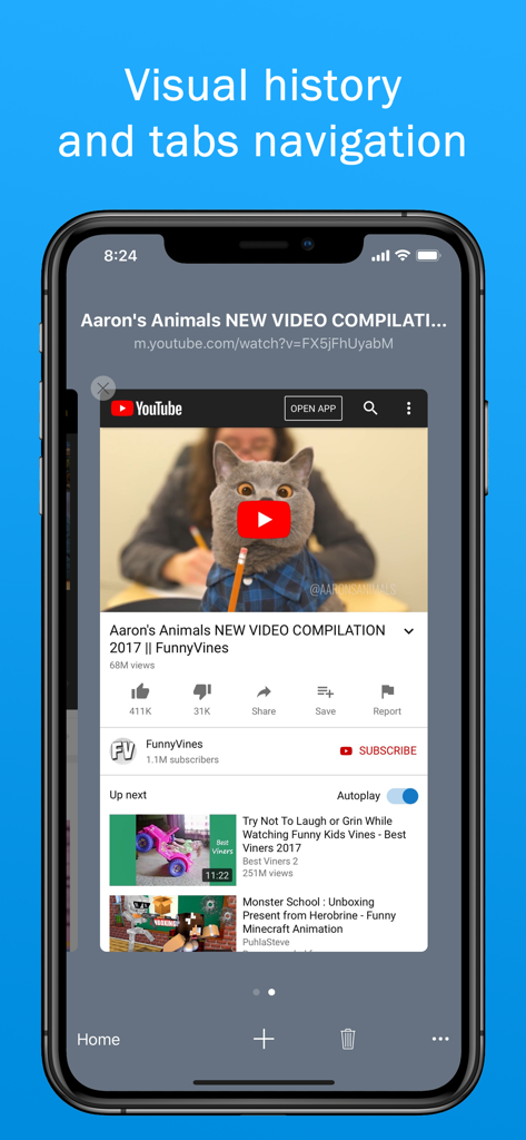 YouTube動画のプレビュー付きの視覚履歴およびタブナビゲーションインターフェイスを示す携帯電話画面