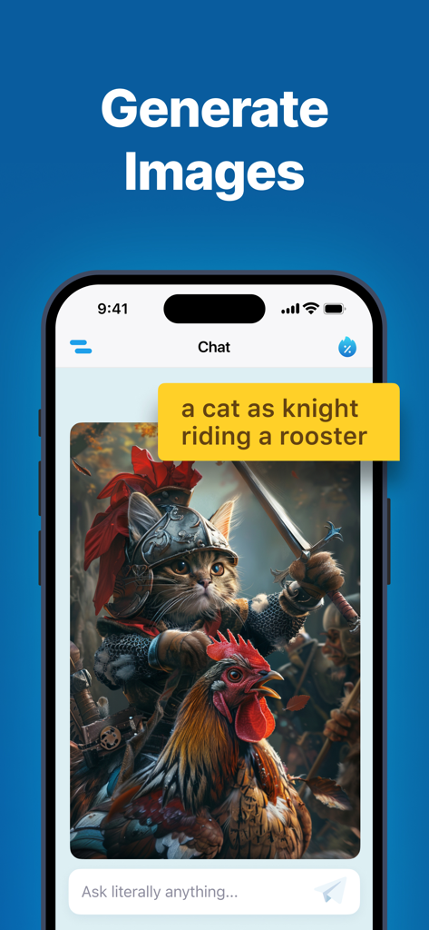 ChatAI Assistant - Chat AI Bot - iPhone screenshot of ChatAI Assistant showing an AI generated image of a cat knight riding a rooster from a text prompt