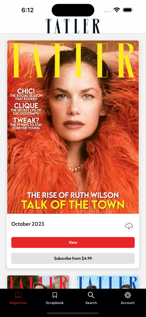 Tatler app home screen displaying the October 2023 issue cover featuring Ruth Wilson