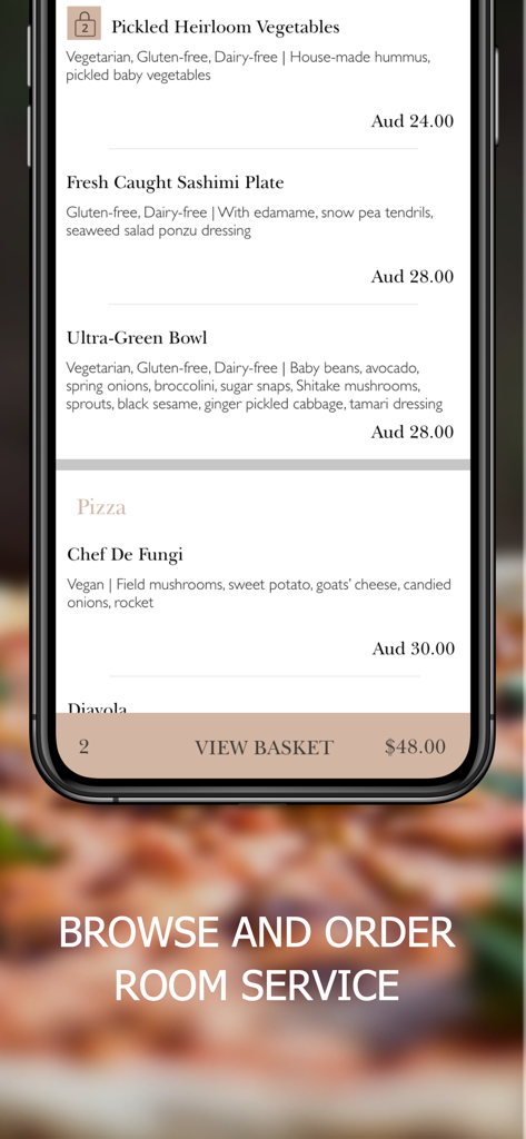 Hayman Island - 음식 검색 및 주문을 위한 헤이만 섬 룸서비스 메뉴를 보여주는 모바일 앱 인터페이스