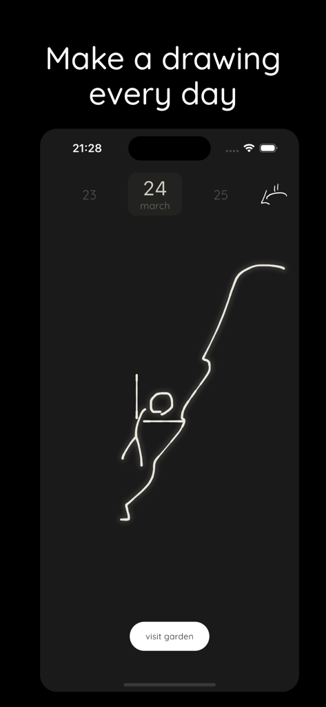 chalk: daily drawing journal - Interface of the Chalk daily drawing journal app featuring a hand-drawn stick figure climbing a mountain on a dark background.