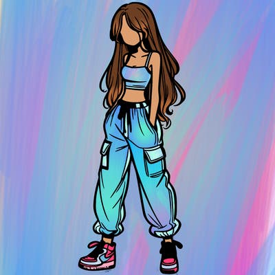 girl in baggy pants crop top and long hair