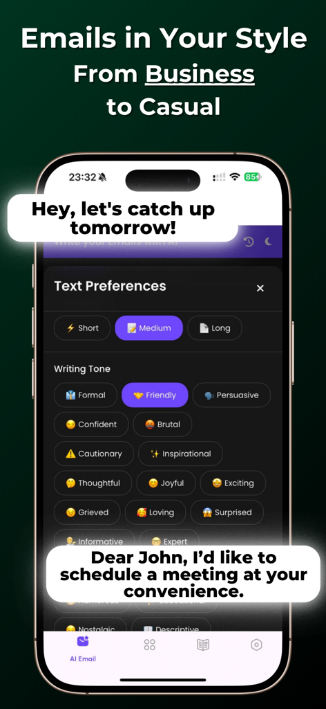 Fly AI Email Generator - Fly AI Email Generator app interface showing writing tone and length preferences for business and casual emails