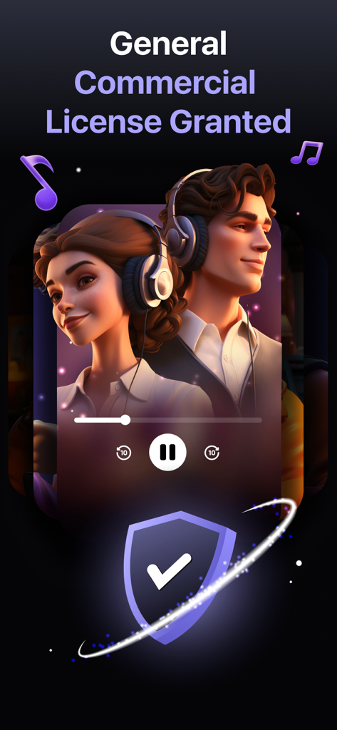 An interface showing a general commercial license granted for music created with the Muzio AI Song Generator app.