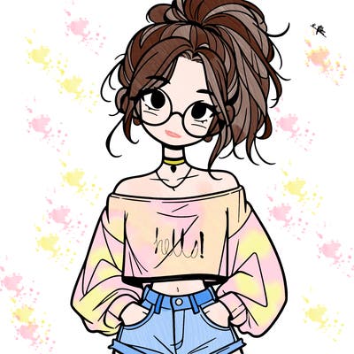 girl with a messy ponytail glasses a baggy crop top and jean shorts