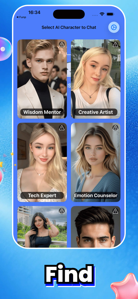 Fuset - Mobile screen showing a variety of AI characters to chat with in the Fuset app including a Wisdom Mentor and Creative Artist.