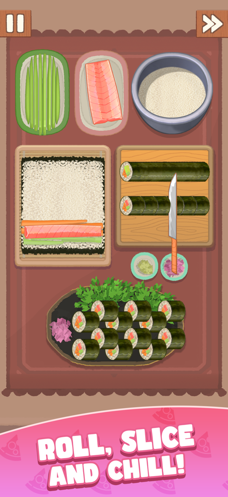Sushi making and slicing scene in Cookingdom cozy mobile game