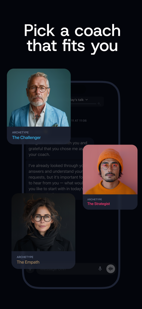 Aligned: AI Coaching & Therapy - Schermata mobile che mostra diversi archetipi di AI coach come The Challenger e The Empath nell'app Aligned.