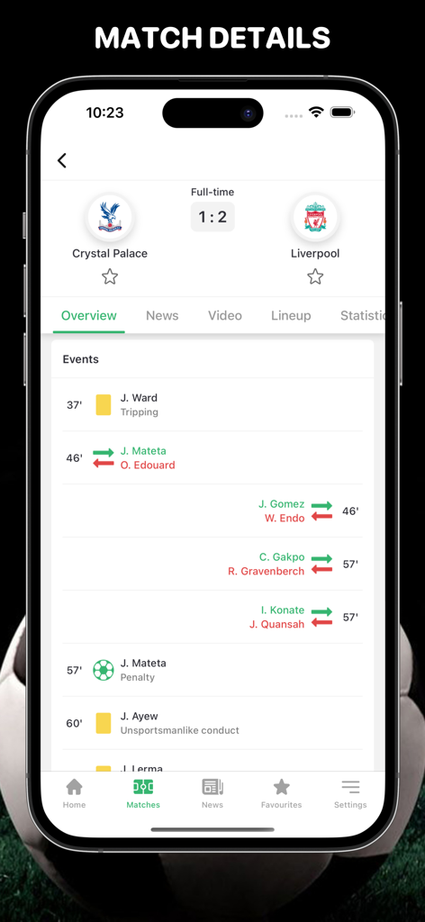 Golasso - Football Livescore - Mobile screen showing live match events and score for a football game between Crystal Palace and Liverpool in the Golasso app