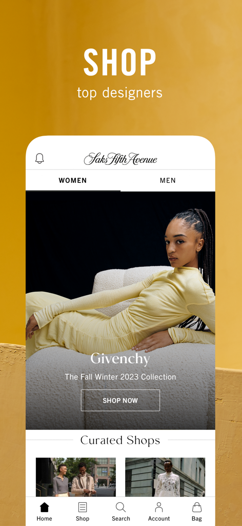 Saks Fifth Avenue app home screen showcasing Givenchy designer collection and curated luxury fashion
