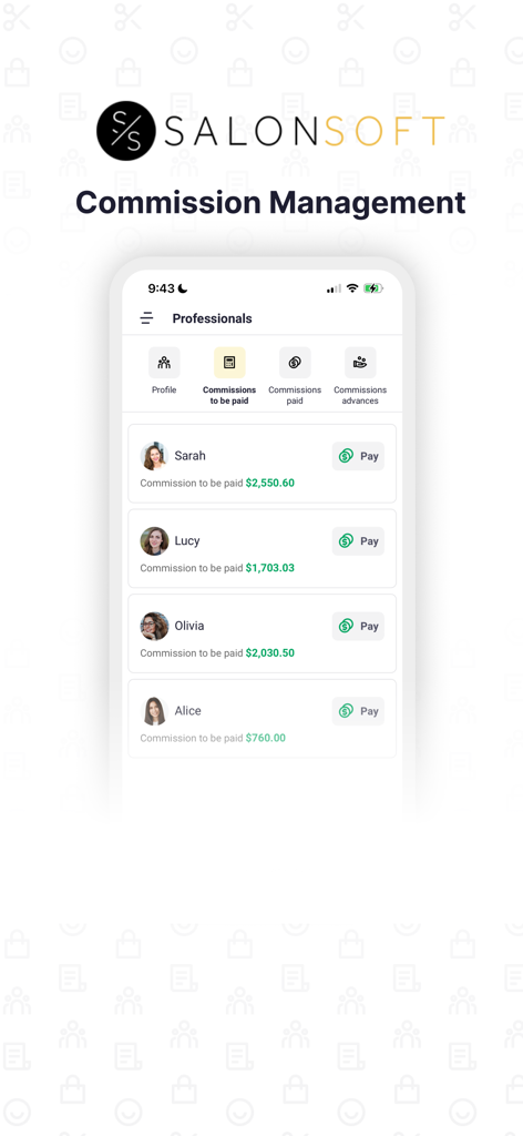Salon Soft app commission management screen showing professional staff payouts